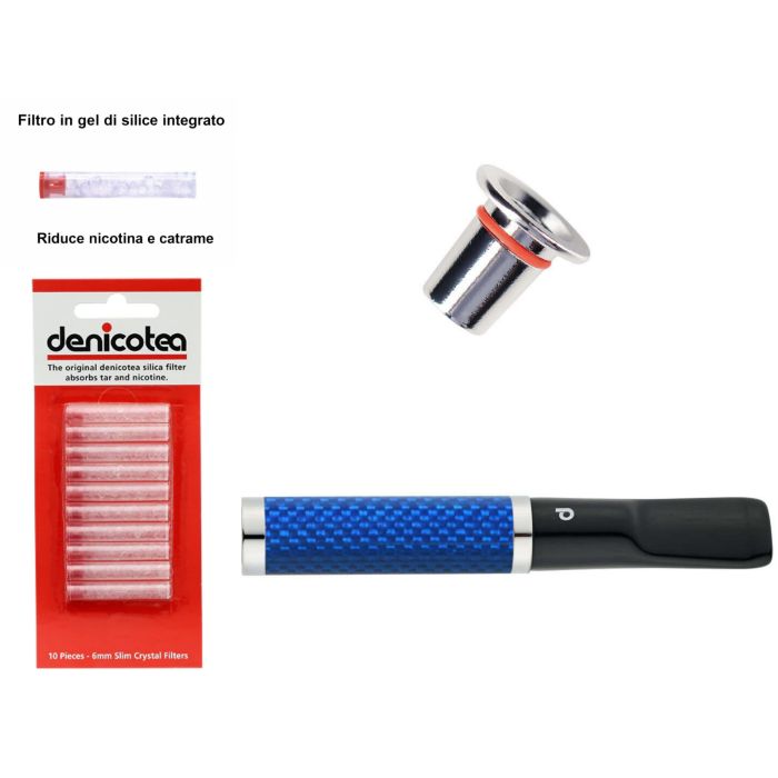 BOCCHINO DENICOTEA TWIN FIBRA DI CARBONIO BLU PER SIGARETTA CLASSICA E SLIM + 10 FILTRI HD054