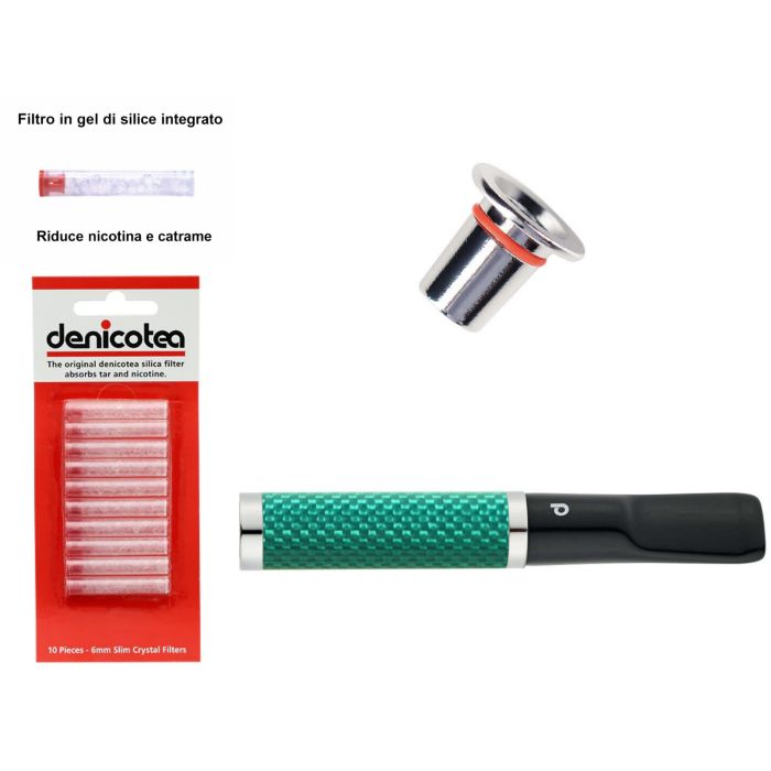 BOCCHINO DENICOTEA TWIN FIBRA DI CARBONIO VERDE PER SIGARETTA CLASSICA E SLIM + 10 FILTRI HD055