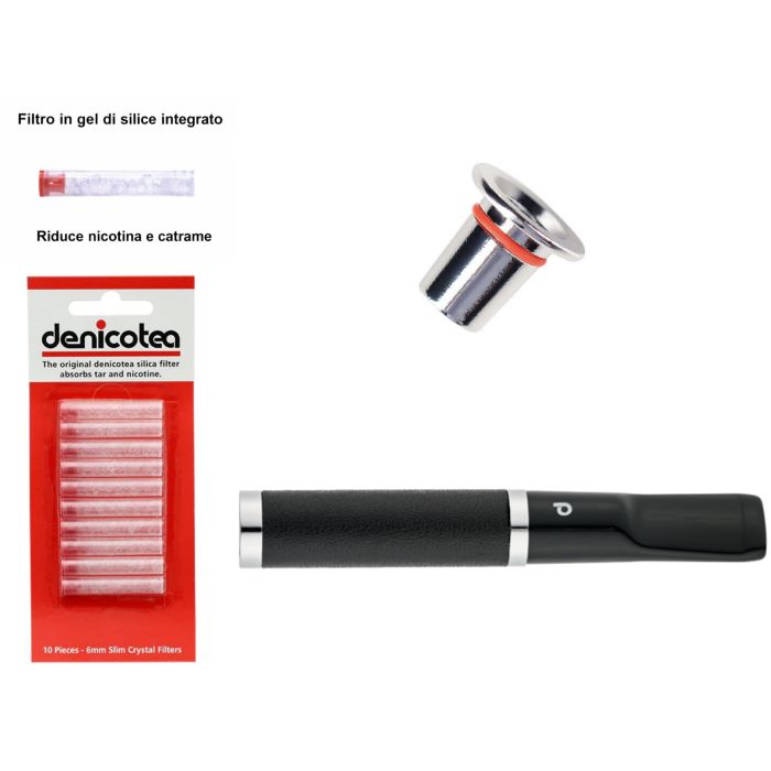 BOCCHINO DENICOTEA TWIN PELLE NERA PER SIGARETTA CLASSICA E SLIM + 10 FILTRI HD052