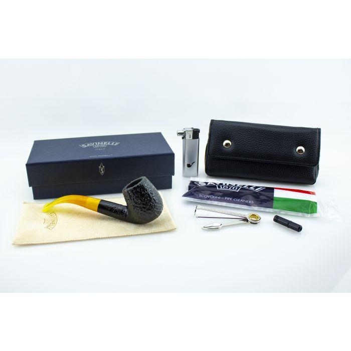 SAVINELLI COCKTAIL 602 YELLOW MOUTHPIECE SANDBLASTED BLACK PIPE 9 MM + KIT ACCESSORIES P391SNR-602-G-9-KIT
