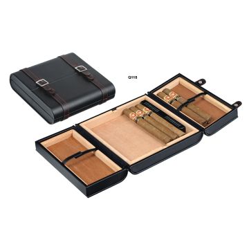 SCATOLA PORTASIGARI HUMIDOR UMIDIFICATORE LUBINSKI DA VIAGGIO TRE VANI IN PELLE NERA Q115