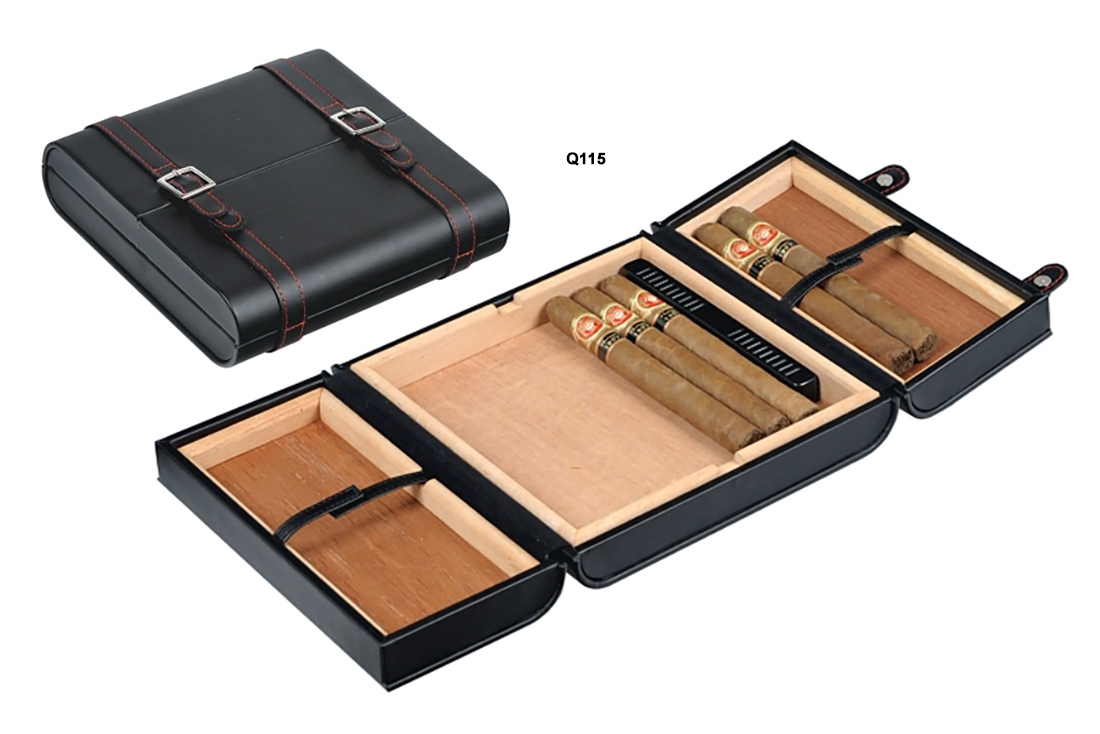 SCATOLA PORTASIGARI HUMIDOR UMIDIFICATORE LUBINSKI DA VIAGGIO TRE VANI IN PELLE NERA Q115