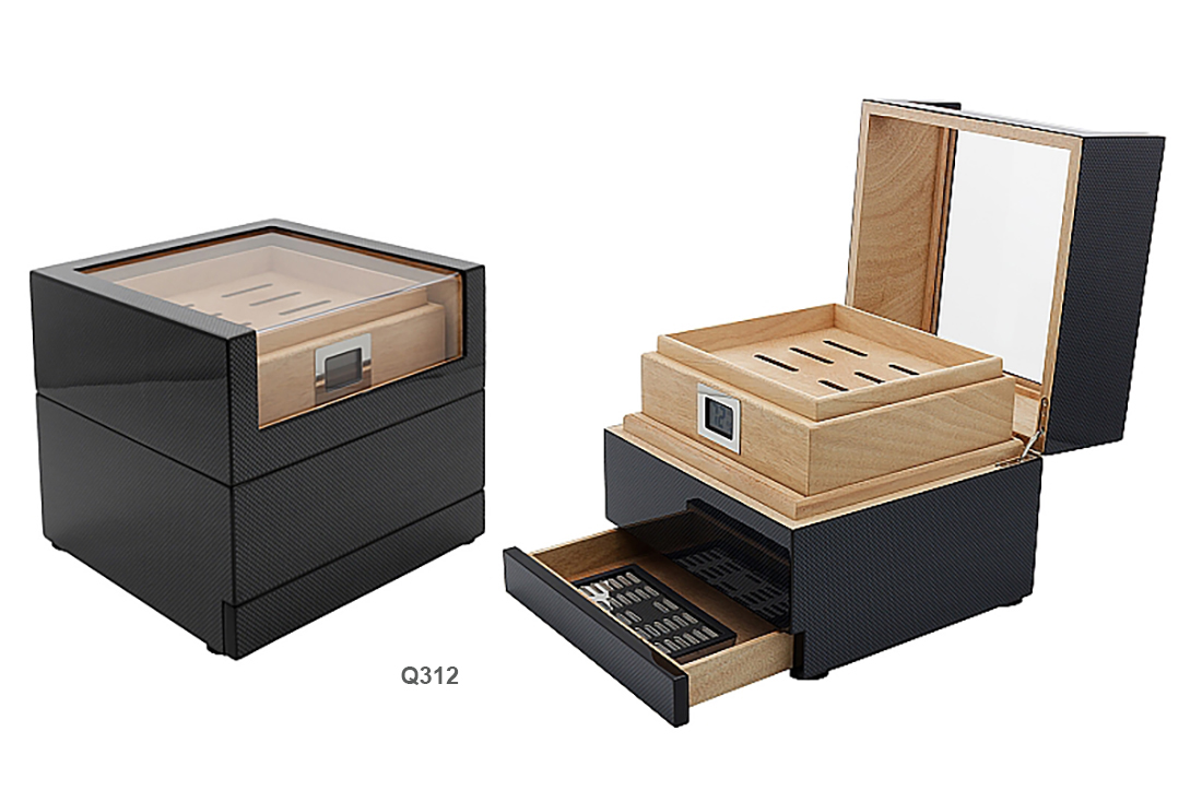 SCATOLA HUMIDOR PORTASIGARI LUBINSKI IN FIBRA DI CARBONIO CON CASSETTI E CESTELLO Q312